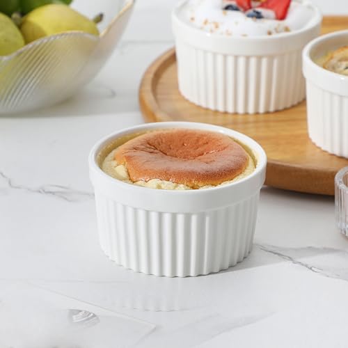 MALACASA Ramekins 8 oz Oven Safe, Porcelain Creme Brulee Ramekins Pudding Custard Cups Ceramic Souffle Dishes Ramakan Ramiken Ramicans Baking Bowls Set of 6, White, Series RAMEKIN-DISH