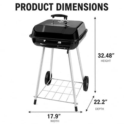 17.5 Inch Square Charcoal Grill with Wheels, Portable Outdoor BBQ Kettle