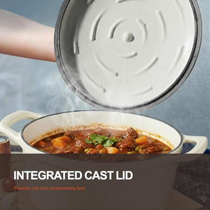 Overmont Enameled Cast Iron Dutch Oven - 5.5QT Pot with Lid Cookbook & Cotton Potholders - Heavy-Duty Cookware for Braising, Stews, Roasting, Sourdough Baking White