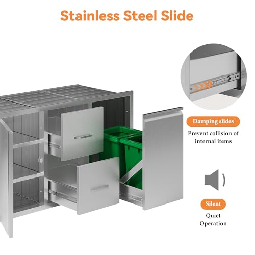 Jocisland 41.5" W20 D23 H Stainless Steel Outdoor Kitchen Drawers, Double Drawers with Trash Drawer & Door, 3-Tier Cabinet, Built-in BBQ Island Storage for Outdoor Kitchens