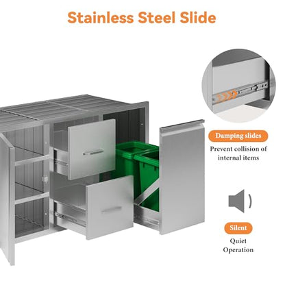 Jocisland 41.5" W20 D23 H Stainless Steel Outdoor Kitchen Drawers, Double Drawers with Trash Drawer & Door, 3-Tier Cabinet, Built-in BBQ Island Storage for Outdoor Kitchens