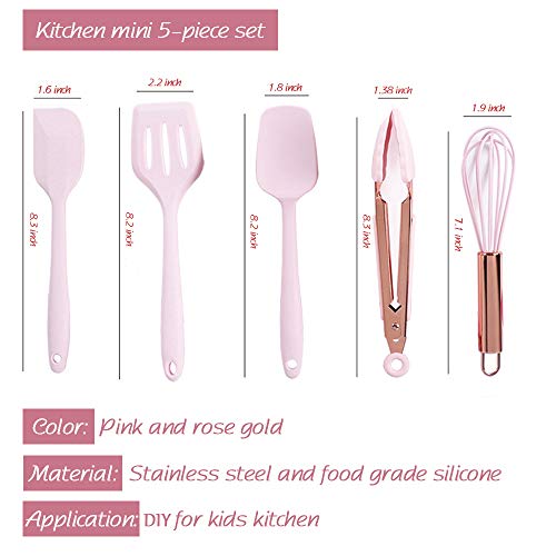 Collfa Rose Gold And Pink Kitchen Utensil Small Five-Piece Set Mini Silicone Kids Kitchen Tools Whisk Spatula Tongs Spoon And Slotted Spatula(Kids Baking Supplies)