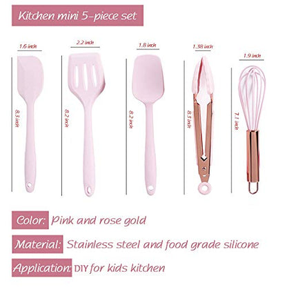 Collfa Rose Gold And Pink Kitchen Utensil Small Five-Piece Set Mini Silicone Kids Kitchen Tools Whisk Spatula Tongs Spoon And Slotted Spatula(Kids Baking Supplies)