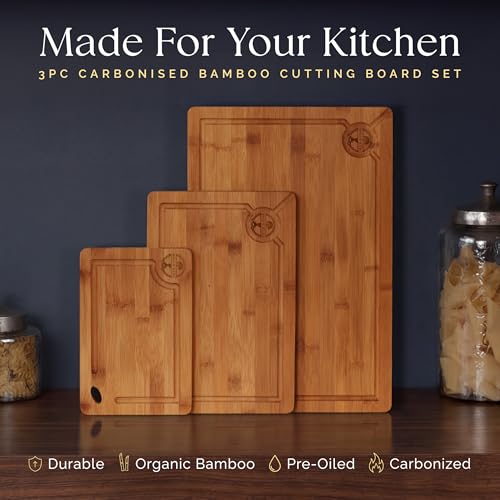 Pre-Oiled, Non Toxic 3-Piece Carbonized Bamboo Cutting Board Set, Eco-Friendly Wooden Chopping Boards for Kitchen with Hanging Hole, 500°F Carbonized Technology Charcuterie Serving Boards Deer & Oak