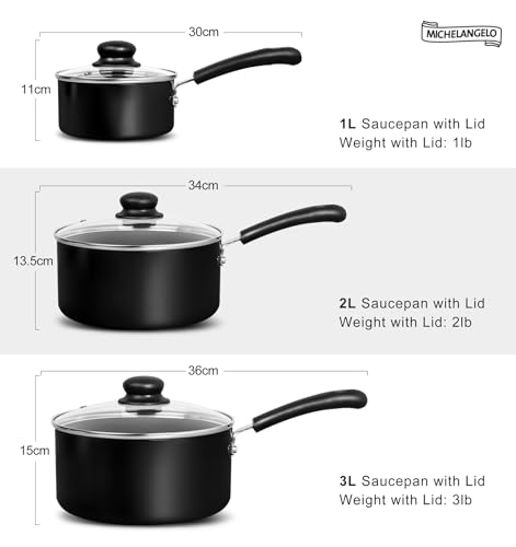 MICHELANGELO Nonstick Saucepan with Lid, Ceramic Sauce Pan Sets, Easy to Clean Sauce Pans, Multi-Purpose Cooking Pots, 1QT & 2QT & 3QT, Black