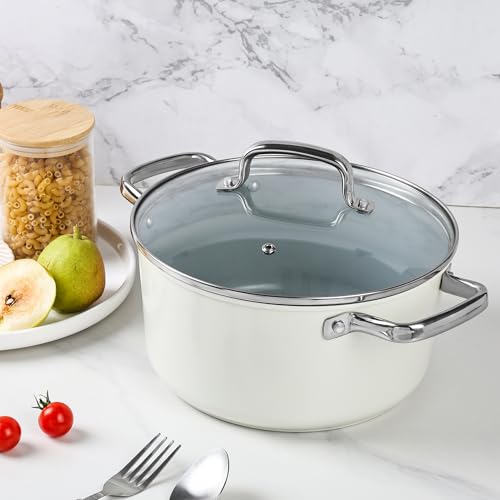 Zalnuuk Ceramic 5 Qt Nonstick Stock Pot with Lid, Soup Pot, Easy to Clean Non Stick Pasta Pot, PFOA PFAS PTFE Free, White