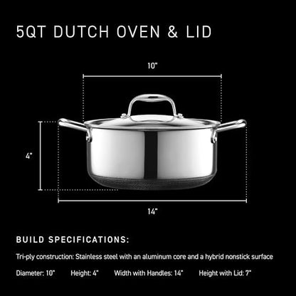 HexClad Hybrid Nonstick 5-Quart Dutch Oven with Stainless Steel Lid, Stay-Cool Handles, Dishwasher-Friendly, Oven-Safe Up to 900°F, Induction Ready, Compatible with All Cooktops