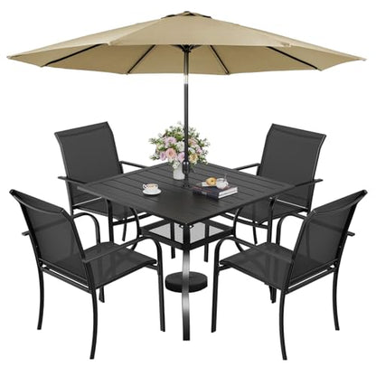 SUNCROWN 6 - Piece Outdoor Dining Set, Patio Furniture Set with 4 Textilene Dinning Chairs, 1 Steel Slat Metal Bistro Table and 1 Brown 9Ft Patio Umbrella for Lawn Garden Backyard Deck, Black