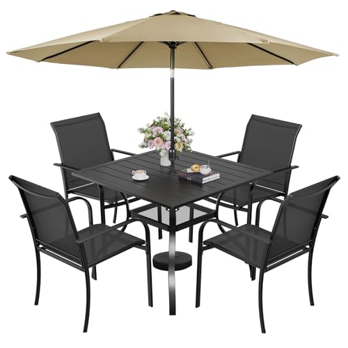 SUNCROWN 6 - Piece Outdoor Dining Set, Patio Furniture Set with 4 Textilene Dinning Chairs, 1 Steel Slat Metal Bistro Table and 1 Brown 9Ft Patio Umbrella for Lawn Garden Backyard Deck, Black