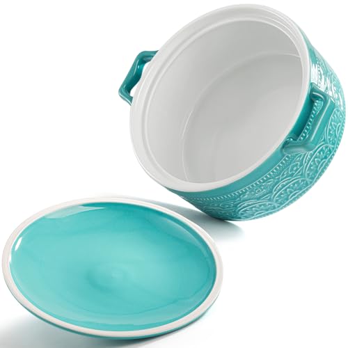 Elsjoy 2 Quart Round Ceramic Casserole Dish with Lid, 7.5 Inch Covered Casserole for Oven, Glazed Ceramic Baking Dish Vintage Bakeware for Kitchen, Turquoise