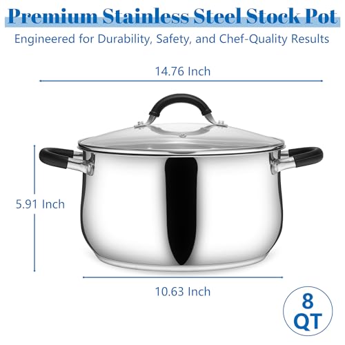 E-far Stainless Steel Stock Pot, 8 Quart Large Cooking Pot with Glass Lid for Boiling Pasta Soup Sauce, Tri-Ply Induction Thick Base for All Stoves, Cool-Touch Handles & Dishwasher Safe