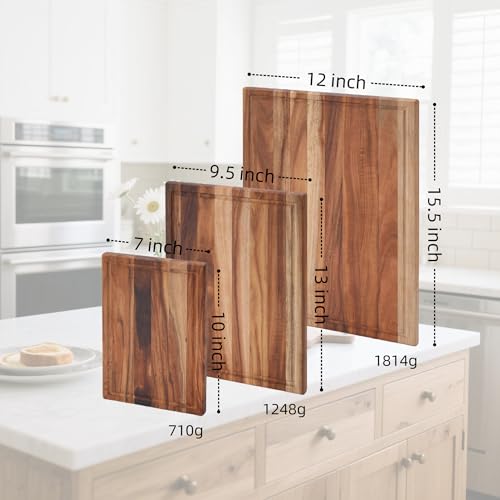 Cokka Praca Non Toxic Acacia Wood Cutting Board Set with Stand | 3 Pcs Knife-Friendly Non-Slip Wooden Cutting Boards for Kitchen | 0.7″Thick Butcher Block | Solid Chopping Boards with Juice Groove