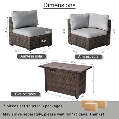 gaildon 7 Piece Outdoor Patio Furniture Set with 42" Fire Pit, Wicker Furniture Sectional Conversation Sofa Set with Comfortable Cushions, Grey
