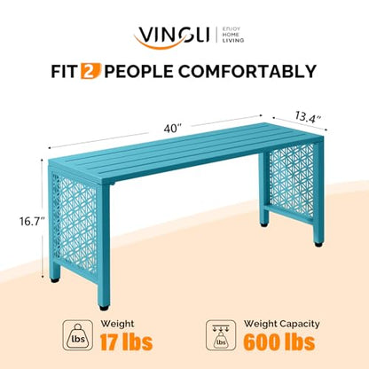 VINGLI 40in Outdoor Metal Bench, All-Weathe Backless Patio Bench with Slatted Seat＆Floral Side Panels, Rust-Resistant Garden Bench, Weatherproof Outdoor Seating for Porch Entryway Backyard (Blue)