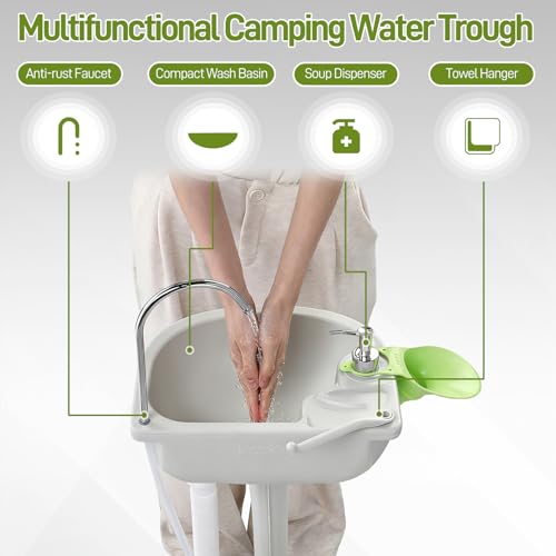 Outvita Portable Camping Sink w/ 19L Water Tank Rolling Wheels Towel Holder Soap Dispenser Faucet, Outdoor Foot Pump Washing Station for RV Boat Travel Picnic Worksit