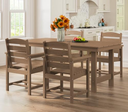 SERWALL Patio Dining Table Sets 5-Piece, Outdoor HDPE Dining Furniture Set with Umbrella Hole Cut-Out Table and 4 Chairs, All Weather Dining Set for Lawn, Garden, Backyard, Poolside, Brown