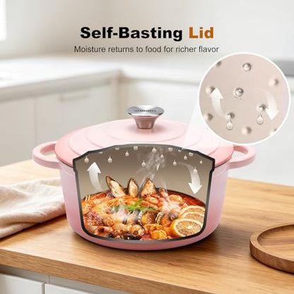WOKINS Enameled Cast Iron Dutch Oven - 5.5QT Pot with Lid,Oven Safe to 500°F,Heavy-Duty Cookware for Sourdough Bread Baking,Braising,Stews,Roasting Pink