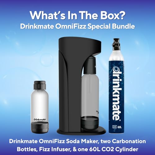 Drinkmate OmniFizz Sparkling Water Maker & Soda Streaming Machine | Carbonates Any Drink | SPECIAL BUNDLE | Includes 60L CO2 Cartridge + Two BPA-Free Bottles (Matte Black)