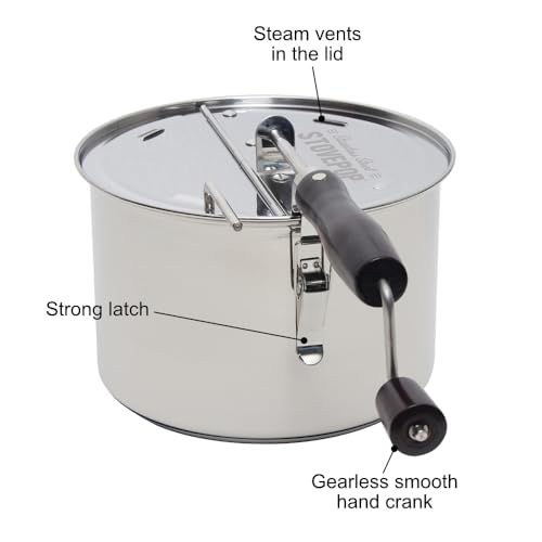 StovePop Stainless Steel Popcorn Popper - Gearless Hand Crank, Magnetic Lid, 6 Qt - Induction Range Compatible