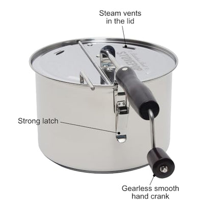StovePop Stainless Steel Popcorn Popper - Gearless Hand Crank, Magnetic Lid, 6 Qt - Induction Range Compatible