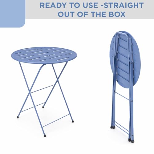 Alpine Corporation VTFAM168A-BL 3-Piece Blue Metal Folding Bistro Set – 20" Round Patio Table with 2 Folding Chairs – Portable Indoor/Outdoor Balcony & Garden Furniture Set