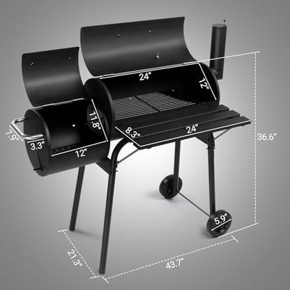 VINGLI Barrel Charcoal Grill with Offset Smoker, Large BBQ Outdoor Smoker Grill with Wheels for Party Garden Patio and Backyard Cooking 44 x 22 x 37 inch