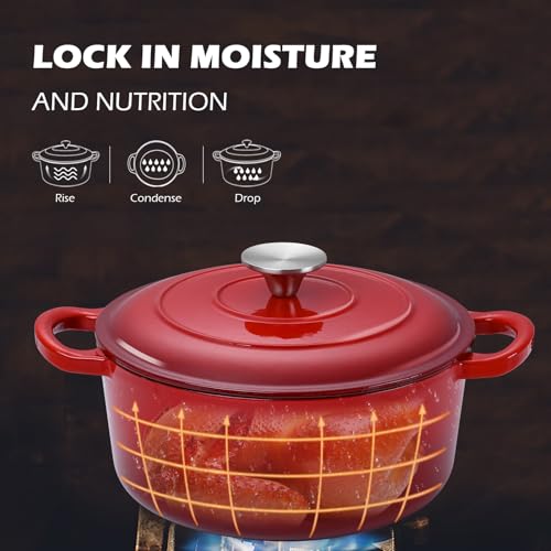 3QT Dutch Oven Pot with Lid, Leonyo 3 Quart Enameled Cast Iron Dutch Oven for Sourdough Bread Baking, Heavy Duty Cookware for Braising, Stews, Roasting, Red