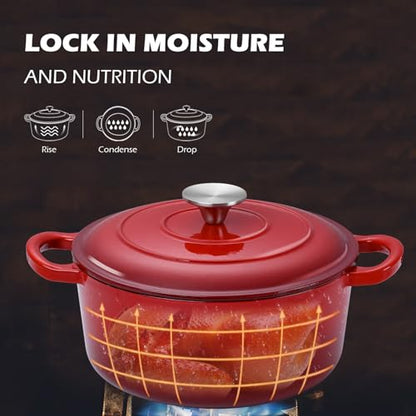 3QT Dutch Oven Pot with Lid, Leonyo 3 Quart Enameled Cast Iron Dutch Oven for Sourdough Bread Baking, Heavy Duty Cookware for Braising, Stews, Roasting, Red