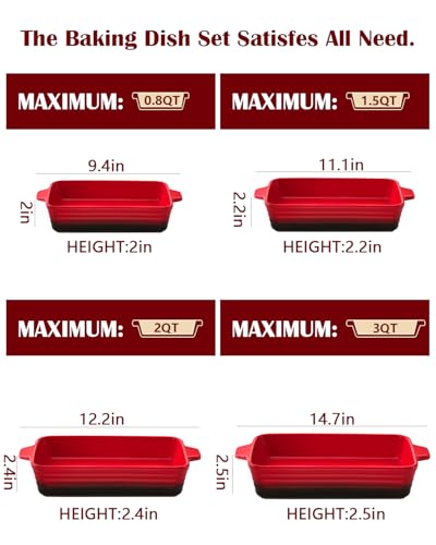 Casserole Dishes For Oven, Heat-Resistant Ceramic Bakeware Set Of 4 Rectangular Baking Dish Set With Handles For Lasagna, Cake, Pie, Dinner, Cooking, Ceramic Baking Dish, Red (9.4"/11.1"/12.2"/14.7")