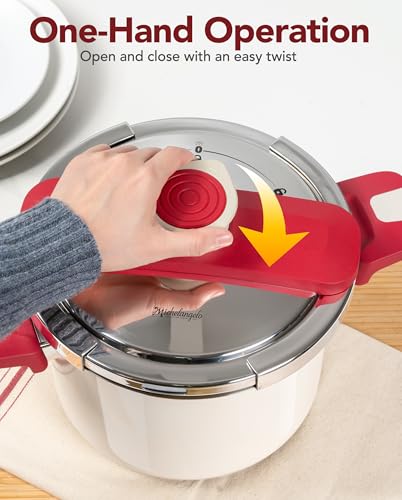 MICHELANGELO Stovetop Pressure Cooker Stainless Steel, 6.3 qt, 304 Stainless Steel, 6-Fold Safety System, One-Hand Easy-Open Lid, 2 Pressure Settings, Steamer Basket & Glass Lid, Induction Compatible