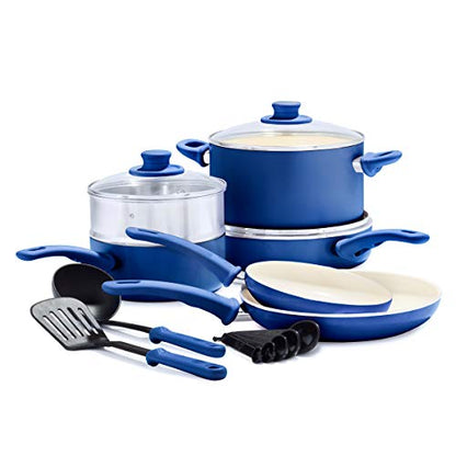 GreenLife Soft Grip Healthy Ceramic Nonstick 12 Piece Cookware Pots and Pans Set, PFAS-Free, Dishwasher Safe, Blue