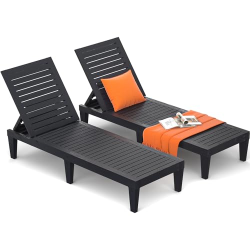 Hoiplu Outdoor Lounge Chairs Set of 2 for Poolside Patio, Weather-Resistant Pool Chaise Lounge with Adjustable Backrest, Resin Tanning Chair Sun Lounger for Outside Deck, Beach, Sunbathing, Black