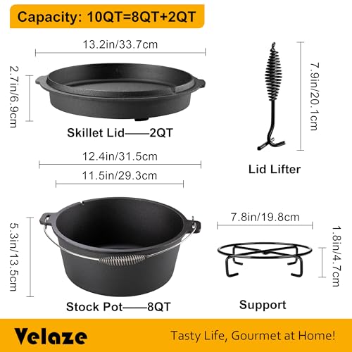 Velaze 10QT Camping Dutch Oven, Pre-Seasoned Cast Iron Camp Dutch Oven Pot with Lid, for Use in the Oven, on the Stove, Grill, or over the Campfire - Metal Handle, Lid Lifter, and Stand Support