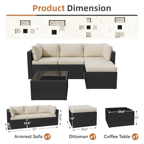 Aoxun Patio Furniture Set 5-Piece, Outdoor Sectional Sofas with Washable Cushion, Wicker Rattan Patio Conversation Sets for Backyard Porch and Poolside, Beige