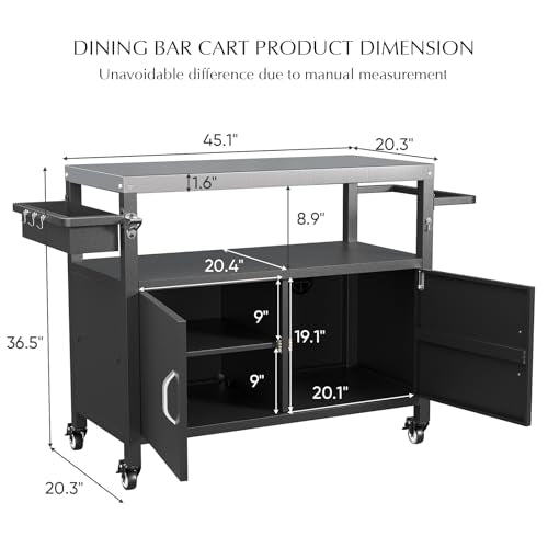 Belord Outdoor Grill Table with Storage Cabinet, Outdoor Grill Cart with Wheels, Movable BBQ Cart Prep Station Kitchen with Stainless Steel Top and Removable Side Basket for Poolside Backyard Black