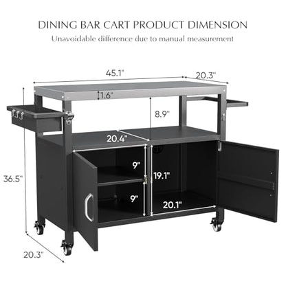Belord Outdoor Grill Table with Storage Cabinet, Outdoor Grill Cart with Wheels, Movable BBQ Cart Prep Station Kitchen with Stainless Steel Top and Removable Side Basket for Poolside Backyard Black