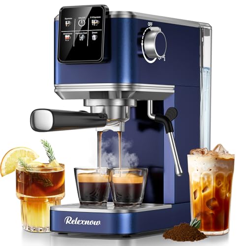 RELEXNOW Espresso Machine, 20 Bar Espresso Maker Milk Frother & LCD Panel, Hot & Iced Coffee Machine, Stainless Steel Espresso Coffee Machine with 41oz Water Tank for Cappuccino, Latte