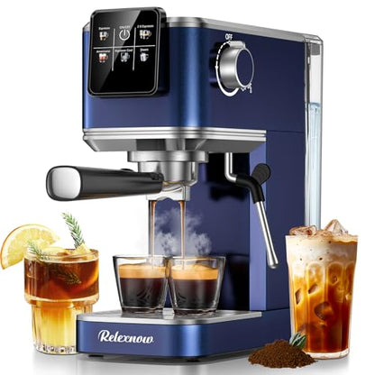 RELEXNOW Espresso Machine, 20 Bar Espresso Maker Milk Frother & LCD Panel, Hot & Iced Coffee Machine, Stainless Steel Espresso Coffee Machine with 41oz Water Tank for Cappuccino, Latte