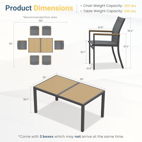 7-Pieces Aluminum Patio Table and Chairs for All-Weather, Patio Table Set with Heavy Duty HDPS Rectangular Table, Outdoor Patio Dining Furniture Set with Breathable Quick-Drying Textilene Chairs
