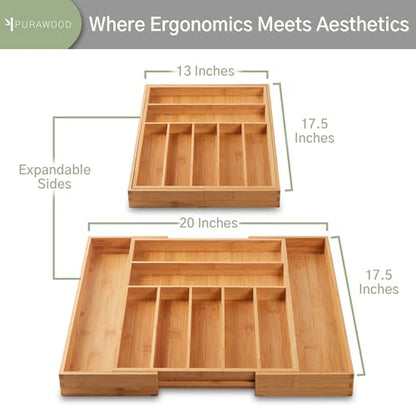 Purawood - Large Premium Bamboo Silverware Organizer - Expandable Kitchen Drawer & Utensil Organizer, 17" x 19.75" Cutlery Tray with Drawer Dividers for Kitchen Flatware (7-9 Slots) (Natural)