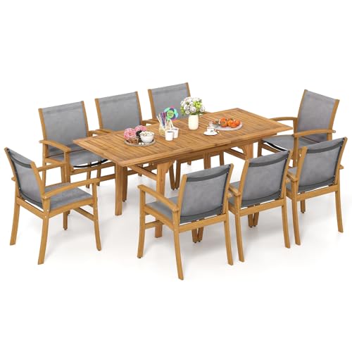 Tangkula 9 Pieces Acacia Wood Patio Dining Set for 6-8, Outdoor Expandable Table and Chairs Set with 1.97" Umbrella Hole and Breathable Fabric for Garden, Lawn, Yard and Poolside