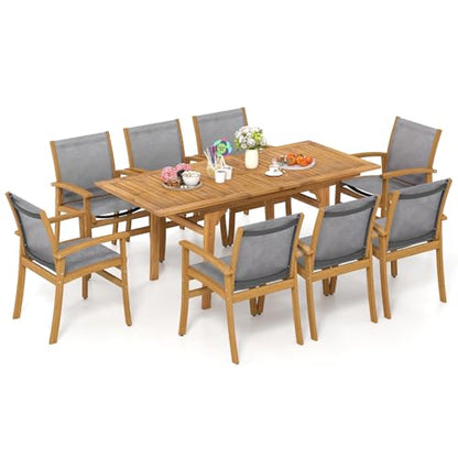 Tangkula 9 Pieces Acacia Wood Patio Dining Set for 6-8, Outdoor Expandable Table and Chairs Set with 1.97" Umbrella Hole and Breathable Fabric for Garden, Lawn, Yard and Poolside