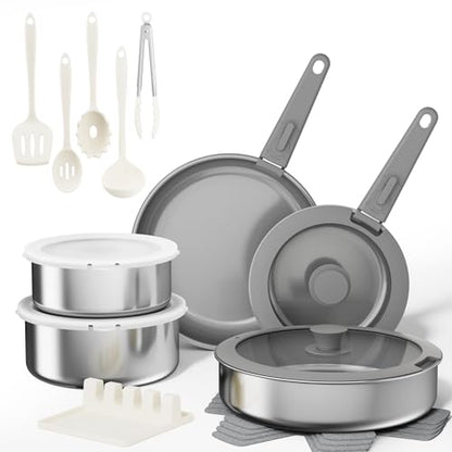 Sanho 21-Piece Pots and Pans Set, Healthy Ceramic Nonstick Cookware with Detachable Handles, Induction RV Kitchen Set, Dishwasher & Oven Safe, Gray