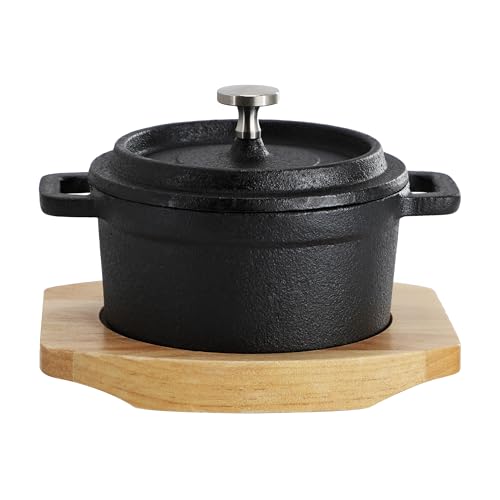 MegaChef Cast Iron 8 Ounce Mini Dutch Oven with Wood Tray, Cookware, Bakeware, Serveware (6 Piece)