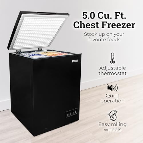 Igloo 5.0 Cu Ft. Upright Deep Freezer Chest- Deep Freezer with Quick Freezing System & Adjustable Thermostat- Low Noise Freezer with Removable Basket & LED Lights for Homes, Garages & Basements- Black