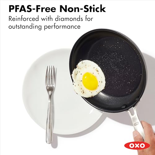 OXO Enhanced, 8" 10" and 12" 3 Piece Frying Pan Skillet Set, Healthy Ceramic Nonstick, PFAS-Free, Stainless Steel Handle, Dishwasher Safe, Oven Safe, Black