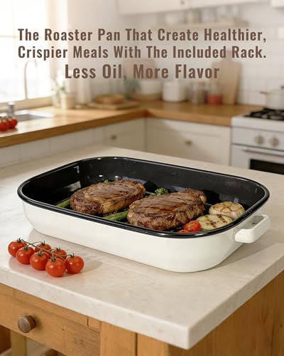 MCCSI Roasting Pan for Oven with Rack 6-Piece Enamel Lasagna Baking Dishes Set 14&17 Inch, 572°F High Temperature Resistance Dishwasher Safe Non-Stick Deep Turkey Roaster Pan Mothers Day Gift Bakeware