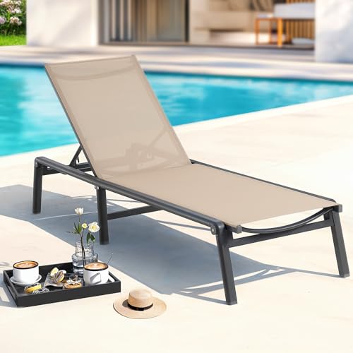 ONBRILL Aluminum Chaise Lounge Chair Outdoor, Foldable & Assembly Free Outdoor Lounge Chair with 5 Position Adjustable Backrest, Patio Pool Lounge Chairs for Outside Poolside Beach Lawn, 1PC, Khaki