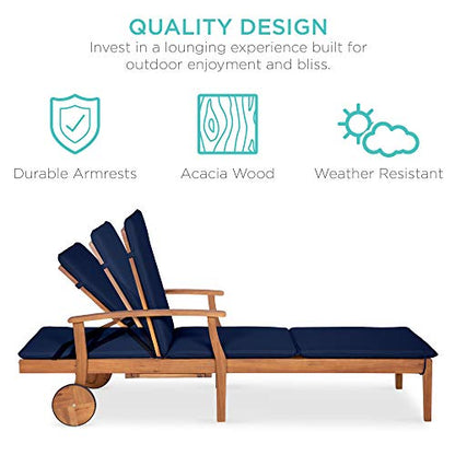Best Choice Products 79x26in Acacia Wood Chaise Lounge Chair Recliner, Outdoor Furniture for Patio, Poolside w/Slide-Out Side Table, Foam-Padded Cushion, Adjustable Backrest, Wheels - Navy Blue