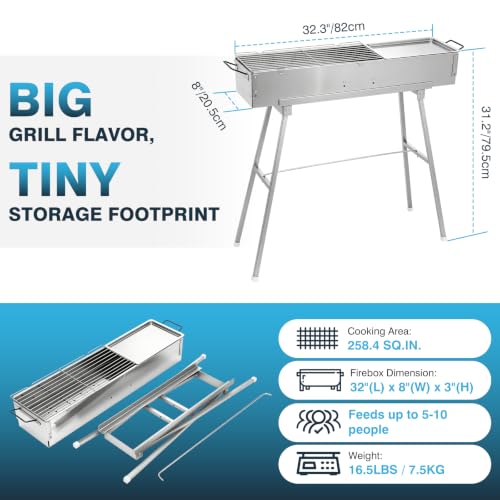 IRONWALLS Portable Charcoal Grill Foldable with Skewer, 32"(L)x8"(W)x32"(H)